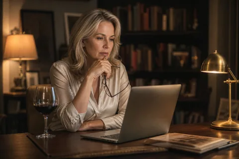 Woman in her late forties comparing options on a laptop at a home office desk in the evening, illustrative photo, not a member
