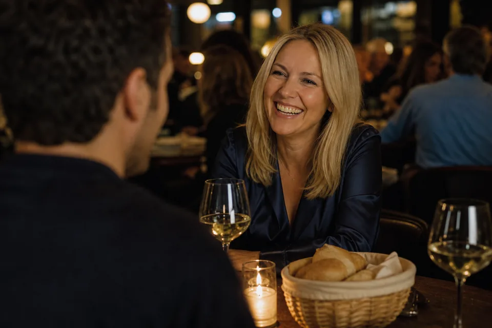 Woman and younger man laughing at a small candlelit restaurant table, illustrative photo, not a member