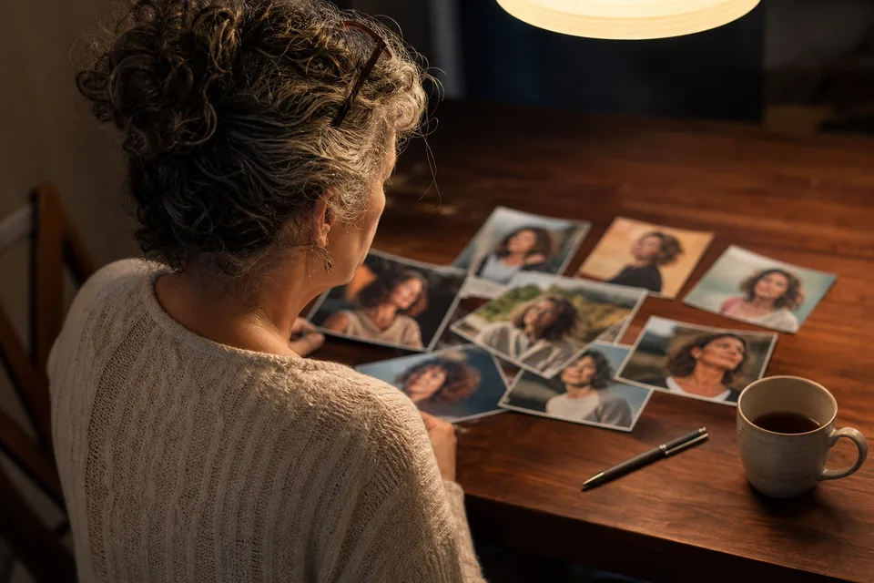 Woman choosing printed photos spread on a dining table in the evening, illustrative photo, not a member