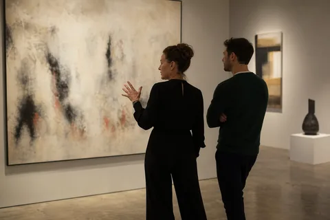 Woman and younger man walking through an art gallery in the evening, illustrative photo, not a member