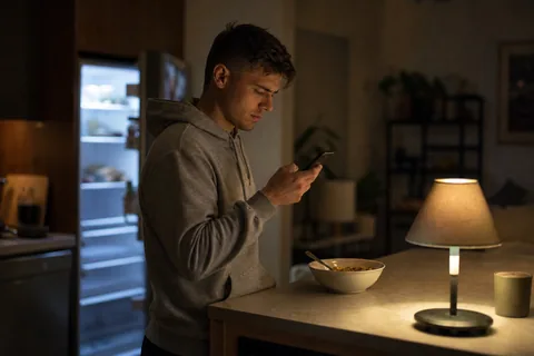 Man at a kitchen counter at night frowning at a message on his phone, illustrative photo, not a member