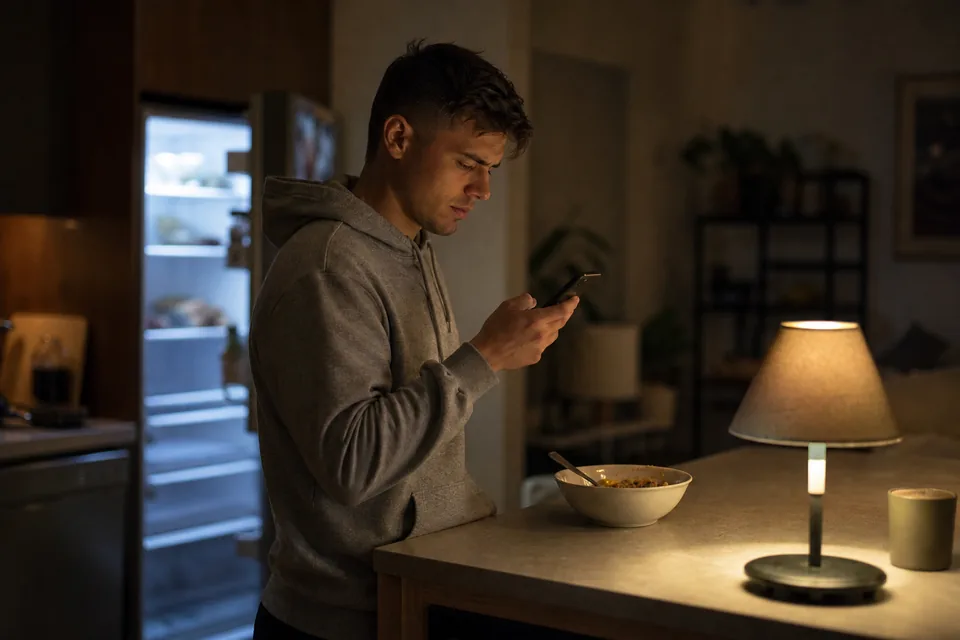 Man at a kitchen counter at night frowning at a message on his phone, illustrative photo, not a member