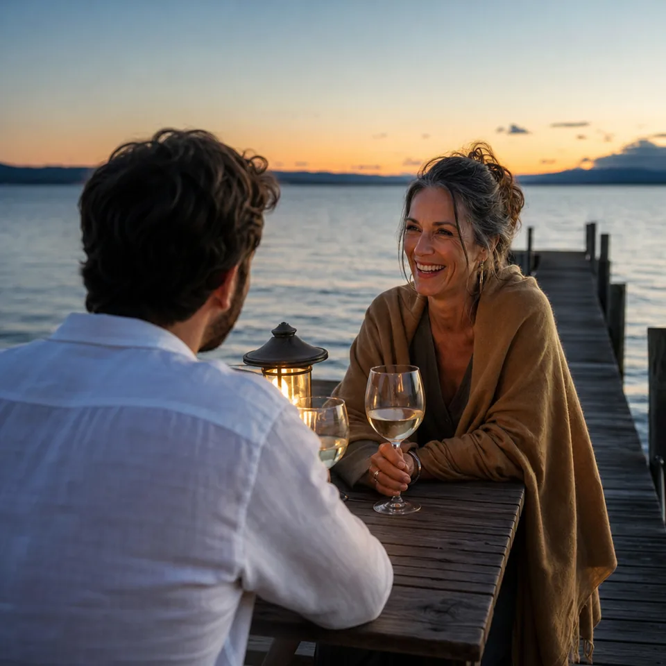 Woman and younger man at a table on a wooden pier at dusk, seen over his shoulder, illustrative photo, not a member