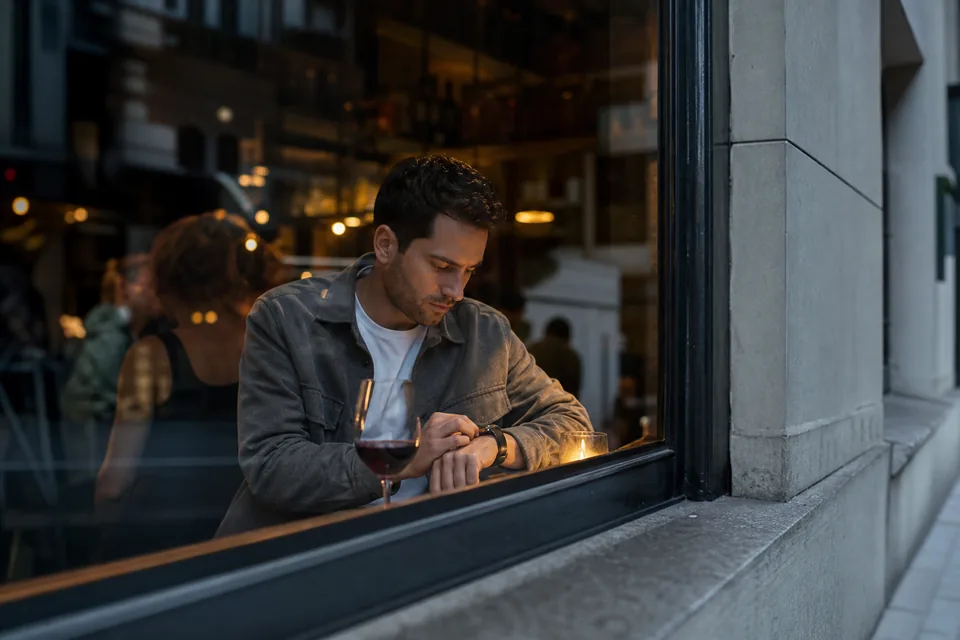 Man in a tailored jacket waiting at a wine bar window at dusk, illustrative photo, not a member