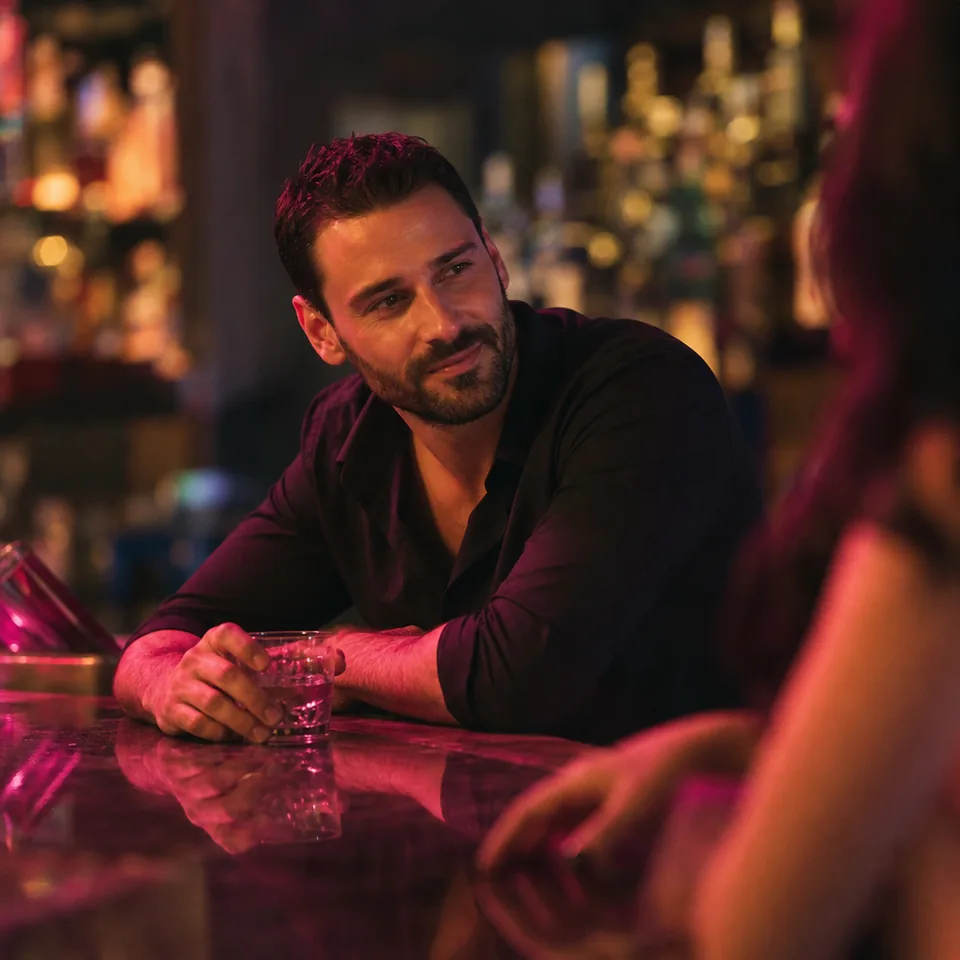 Man in a dark shirt at a neon lit cocktail bar at night, illustrative photo, not a member