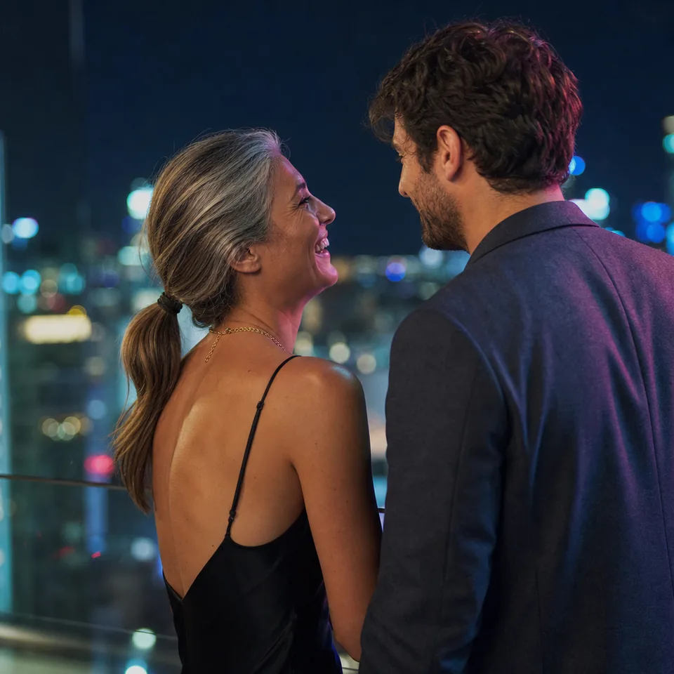 Elegant woman and younger man talking at a rooftop lounge at night with city lights behind, illustrative photo, not a member