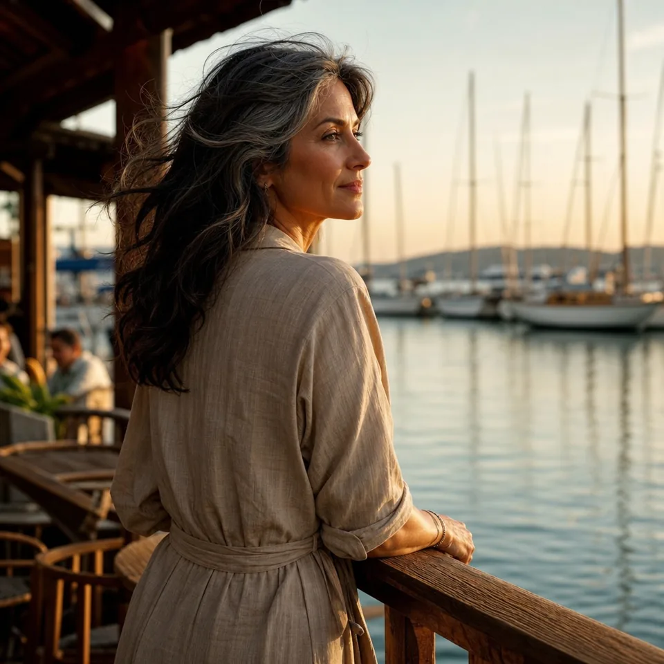 Woman in a linen dress on a marina terrace at sunset, illustrative photo, not a member