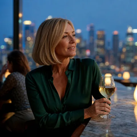 Woman with a glass of wine at a rooftop bar at dusk, illustrative photo, not a member