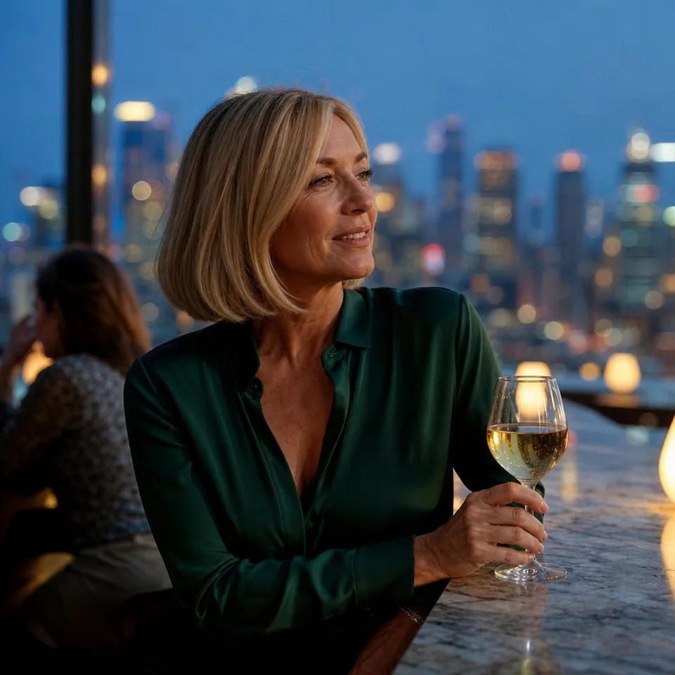 Woman holding a glass of white wine at a rooftop bar at dusk, illustrative photo, not a member