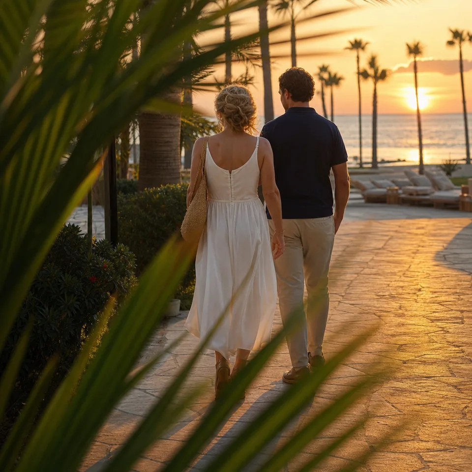 Woman and younger man walking along a hotel beach promenade at sunset, seen from behind, illustrative photo, not a member