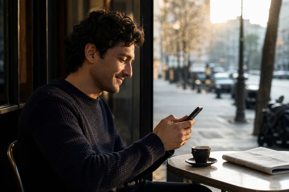 Younger man reading a message on his phone at a cafe window table in the late afternoon, illustrative photo, not a member