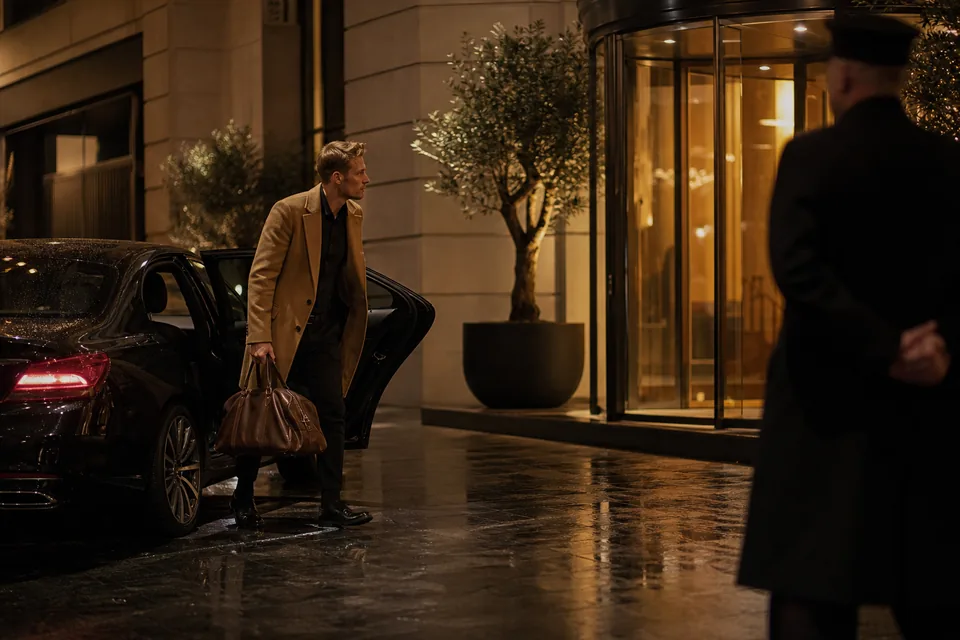 Man with a weekender bag stepping out of a car at a hotel entrance at night, illustrative photo, not a member