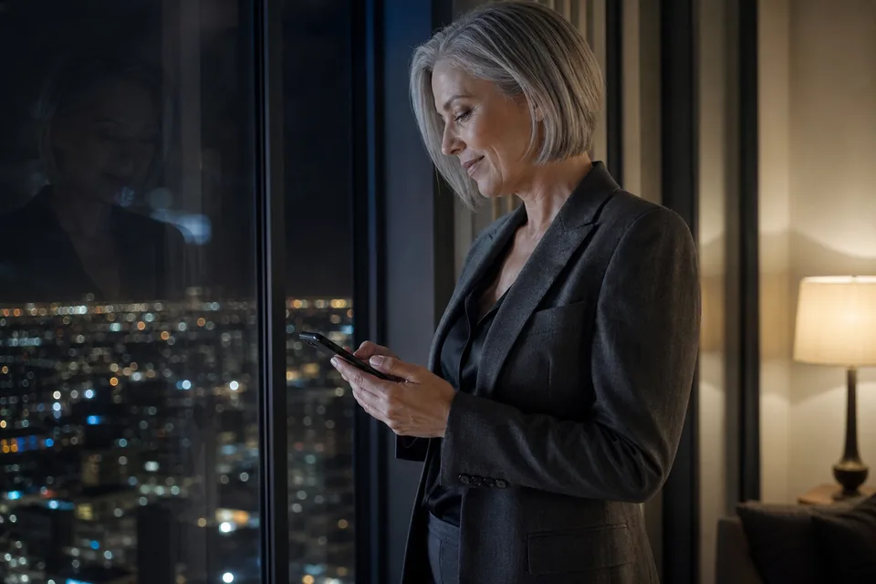 Woman in a tailored blazer reading her phone by a tall window above the city at night, illustrative photo, not a member