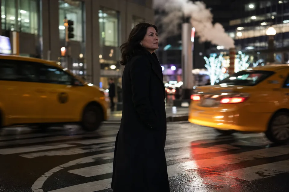 Woman in a long coat crossing a Manhattan avenue at night among yellow taxis, illustrative photo, not a member
