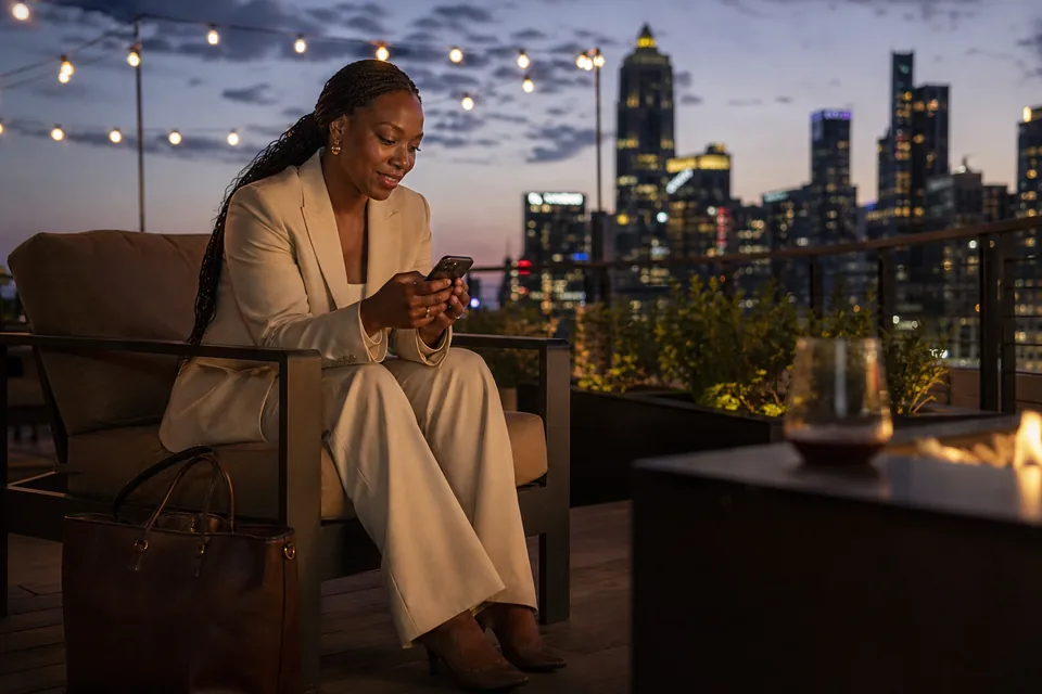 Woman in her mid thirties on a rooftop terrace at dusk checking her phone, illustrative photo, not a member