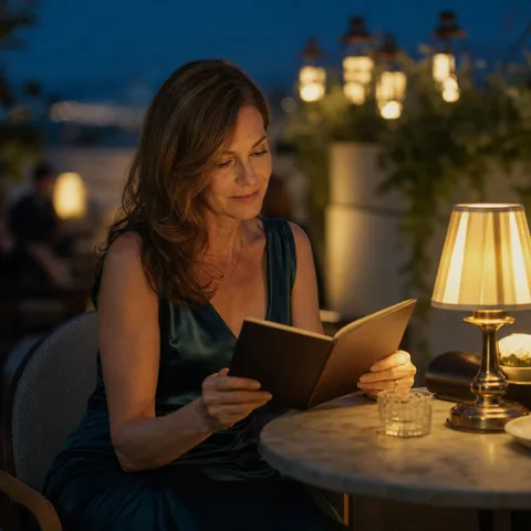 Woman reading a menu at a hotel terrace table in the evening, illustrative photo, not a member